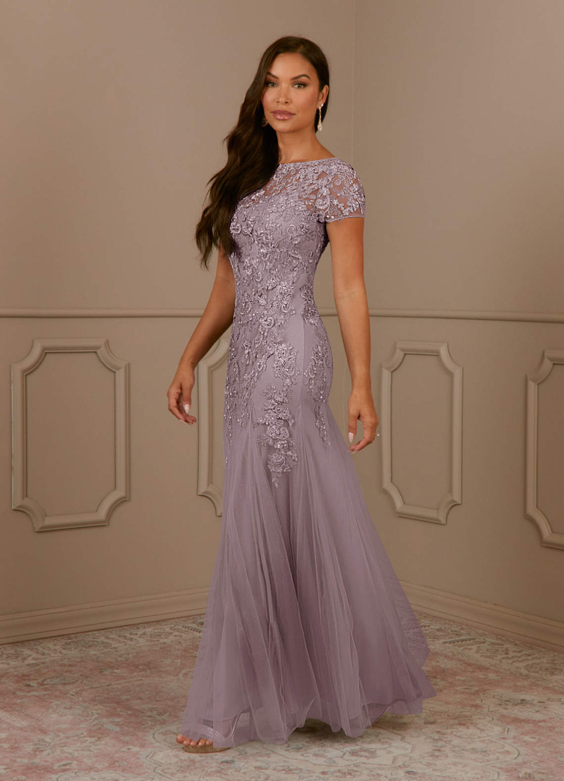 Azazie Laurie Venta Final Vestido de Taupe de Tul de Corte Sirena con Scoop Lentejuelas image2