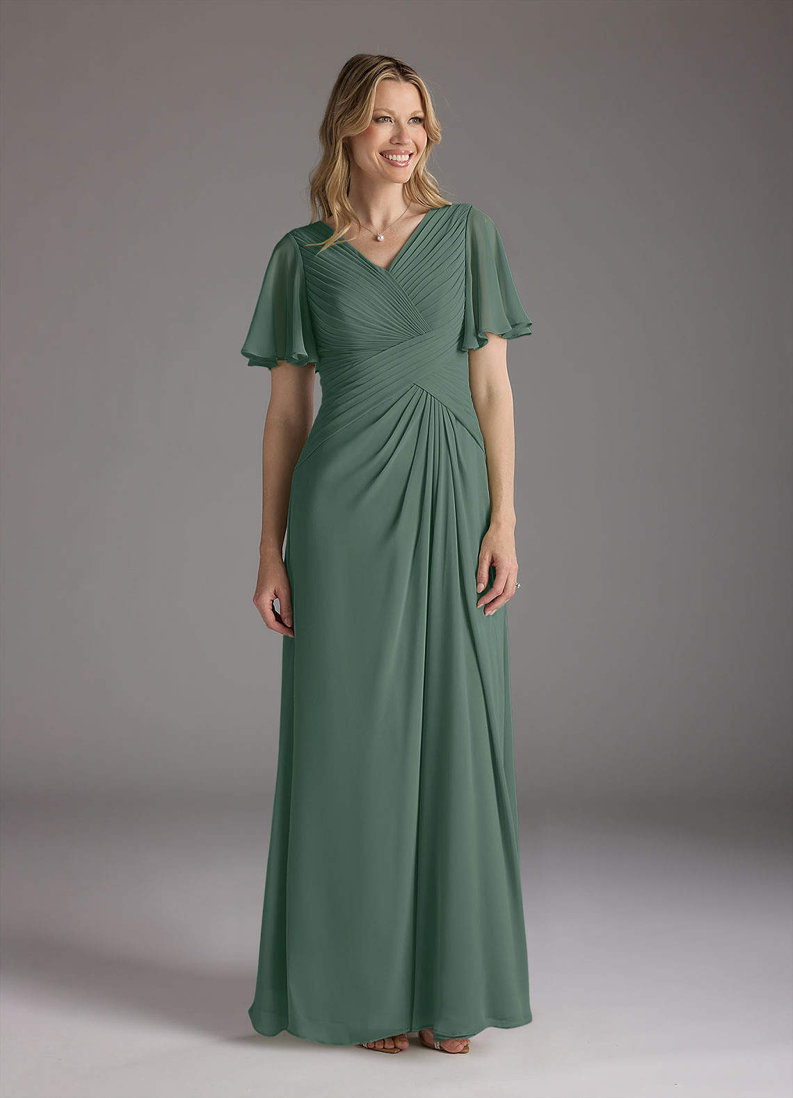 Azazie Morning Glory Kleider für die Brautmutter A-Linie V-Hals Gerüscht Chiffon Kleid Seemoos image1