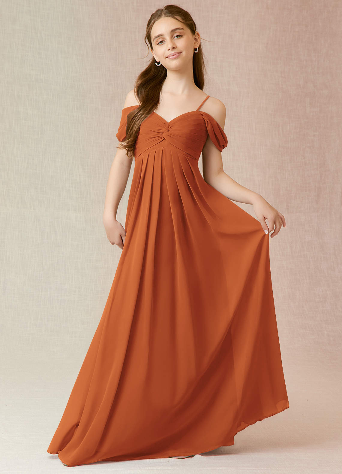 Azazie Kaitlynn Junior Cinnamon A-Line Off the Shoulder Chiffon Dress image3