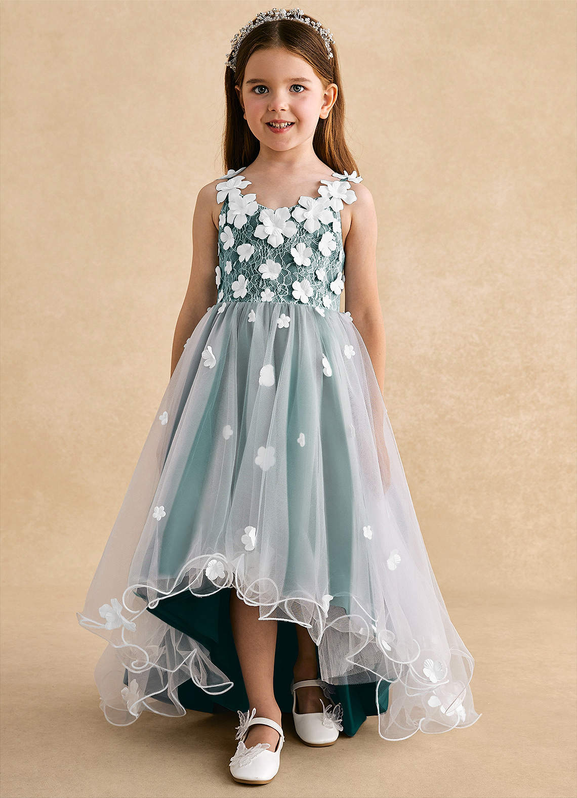 Azazie Celia Robe Demoiselle D'honneur Fillette Robe Trapèze en Tulle Dentelle Paon image6