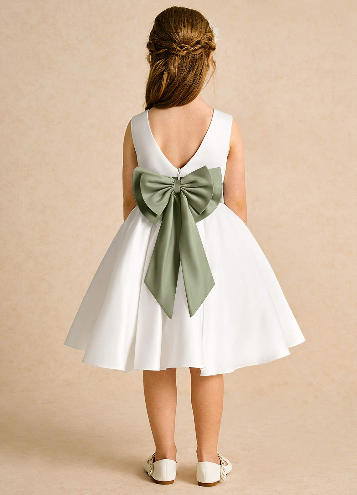 Azazie Sosie Flower Girl Dresses Ivory Pistachio A-Line Pleated Matte Satin Dress image1