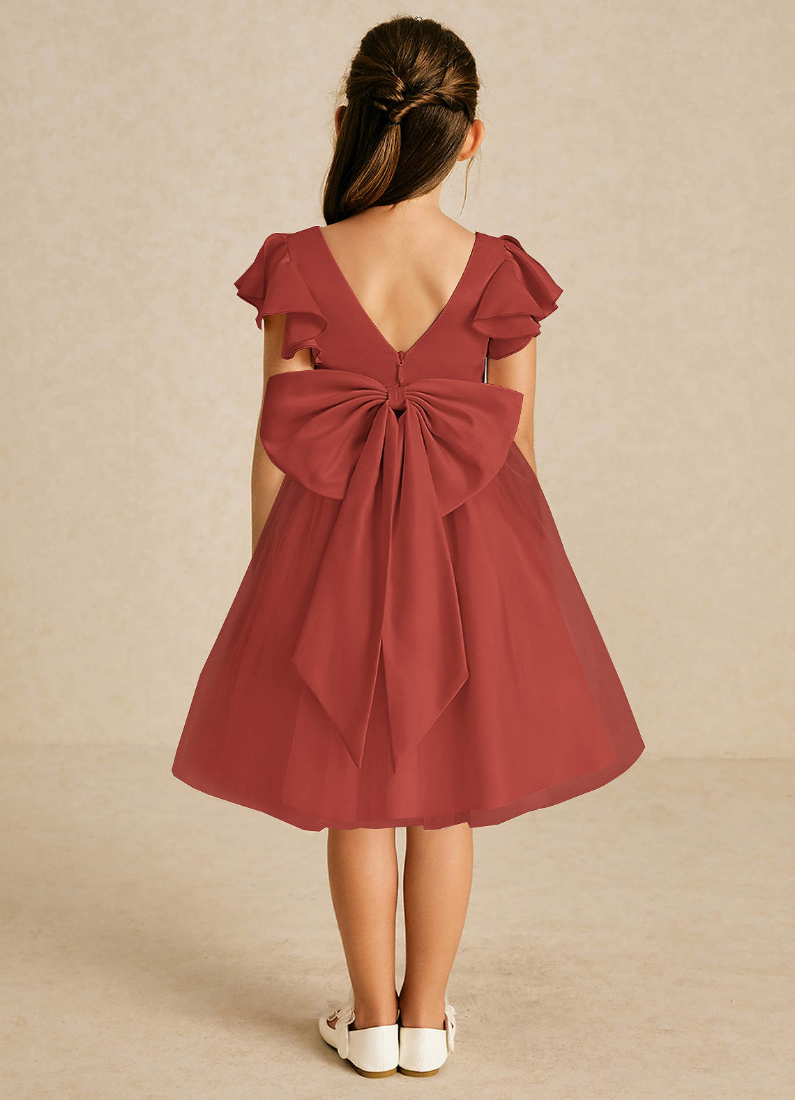 Azazie Kaeya Flower Girl Dresses Terracotta A-Line Bow Tulle Dress image1