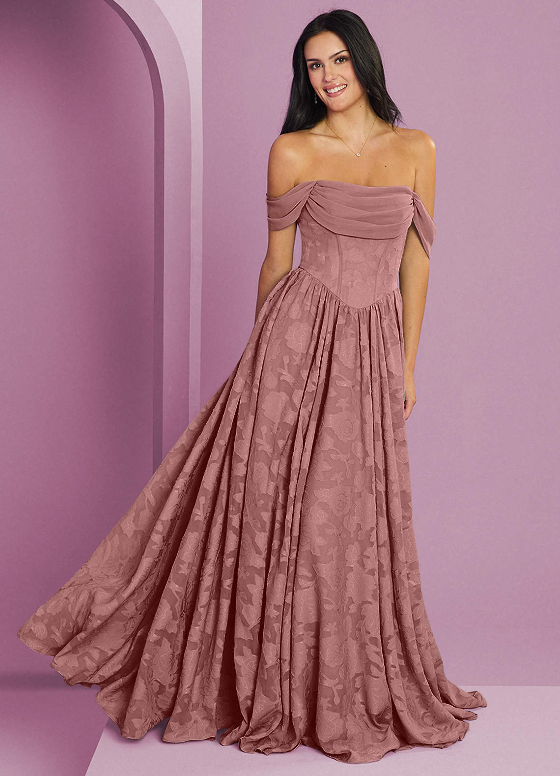 Barbie ♥ Azazie Robes de demoiselle d'honneur Robe Trapèze Convertible en Blumen-Burnout Épaule décolletée Rose Poussiéreuse image1