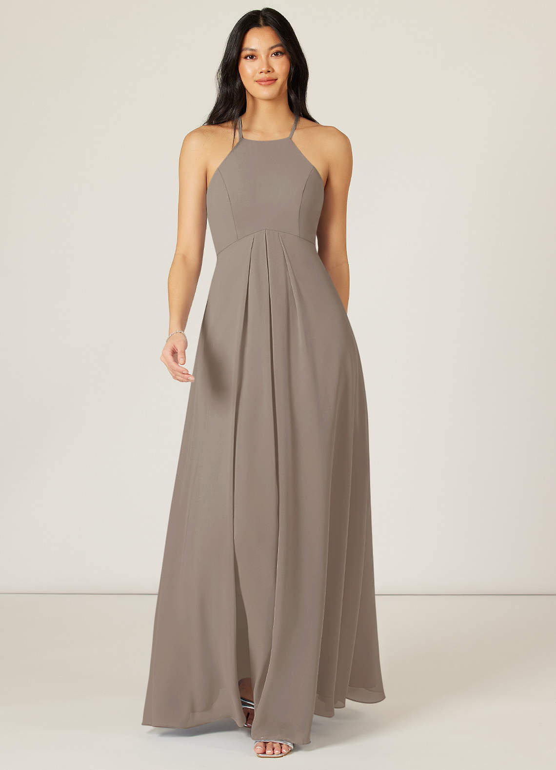 Azazie Sarah Bridesmaid Dresses Taupe Empire Pleated Chiffon Dress image1
