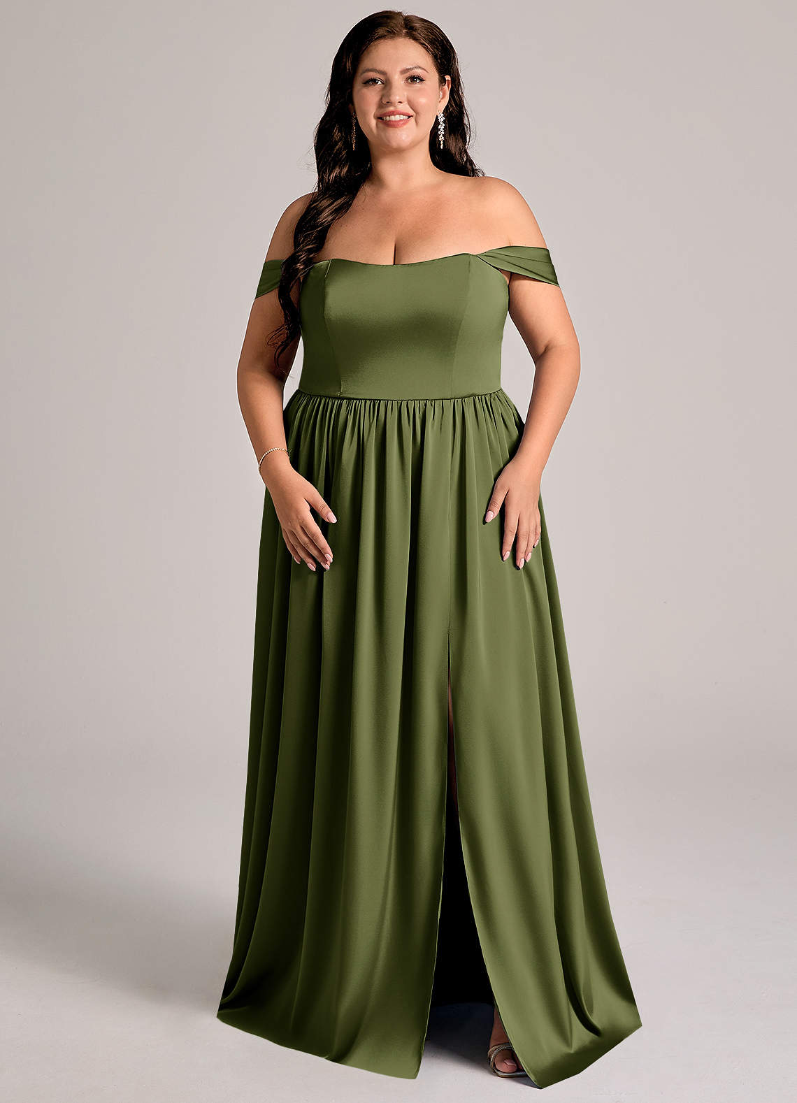 Azazie Calianna Bridesmaid Dresses Olive A-Line Off the Shoulder Stretch Satin Convertible Dress image1