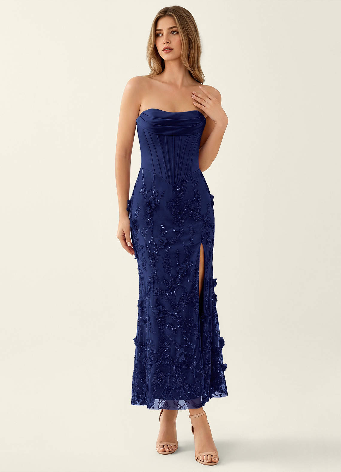 DEA. by ROBE de FLEURS ネイビー Lavinia Navy Blue 3D Flowers Corset Beading Maxi Dress | Azazie