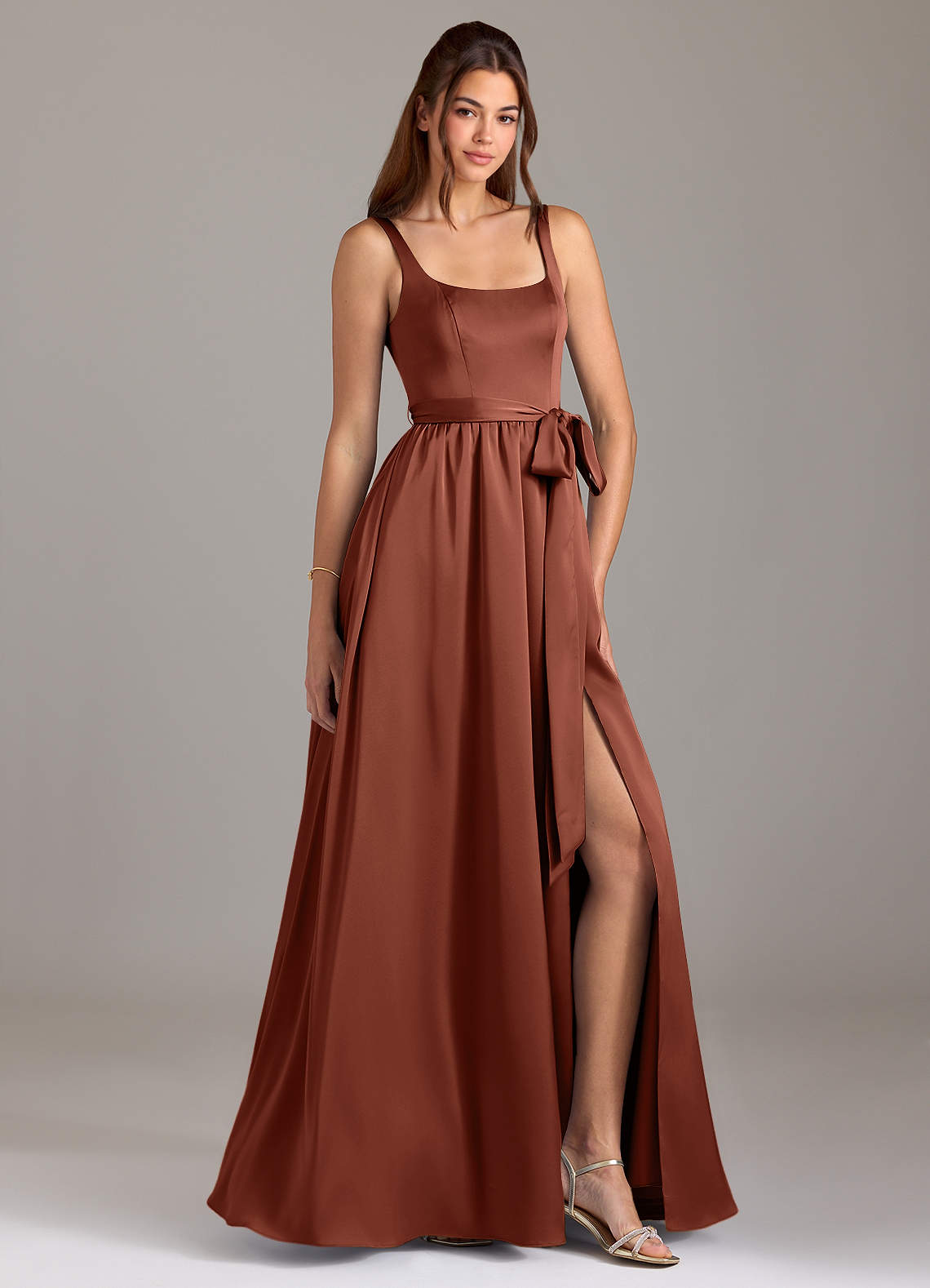 Azazie Elliott Bridesmaid Dresses Clay A-Line with Pockets Stretch Satin Dress image1