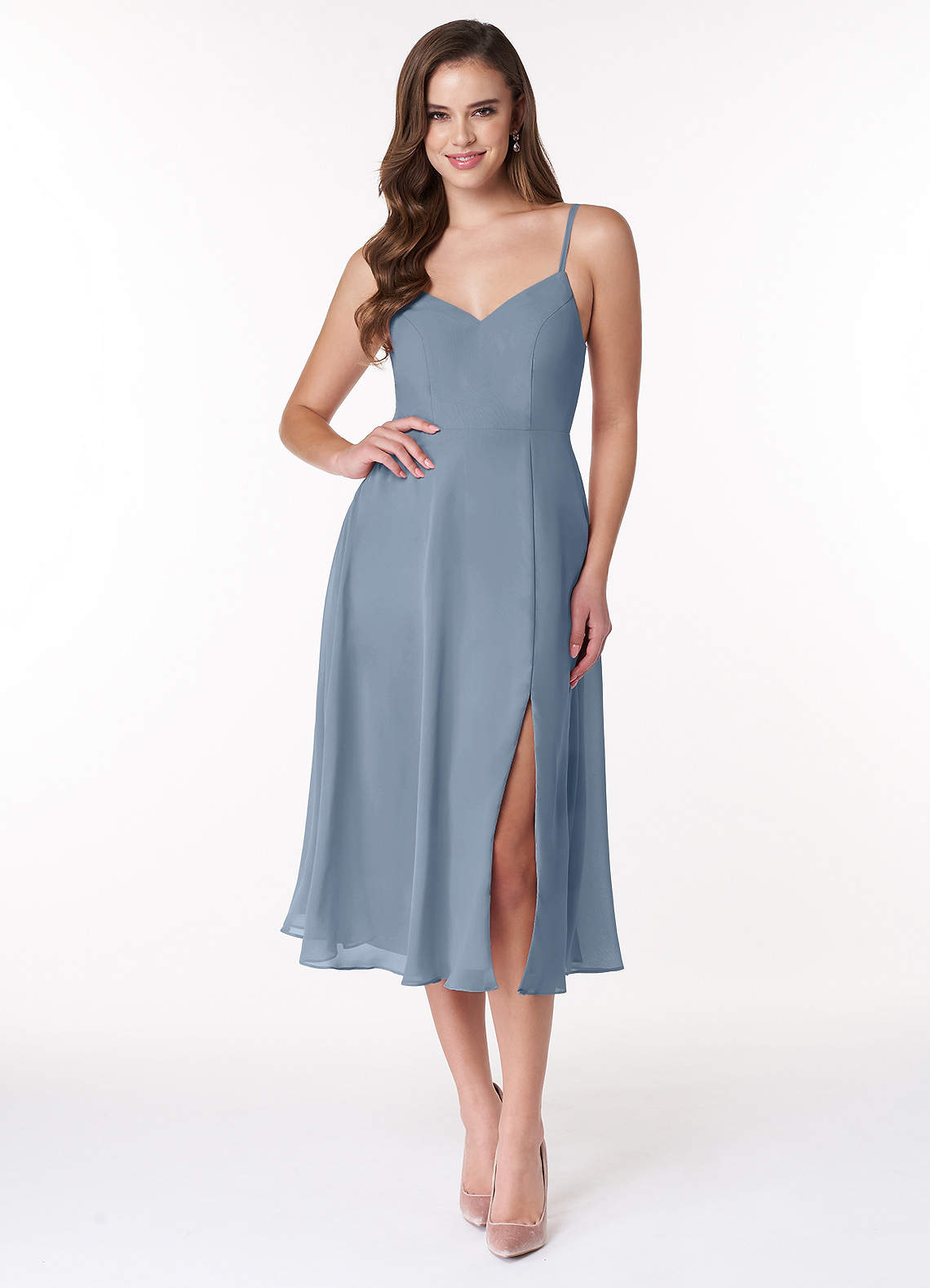 Azazie Clarissa Bridesmaid Dresses Dusty Blue A-Line V-Neck Chiffon Dress image1