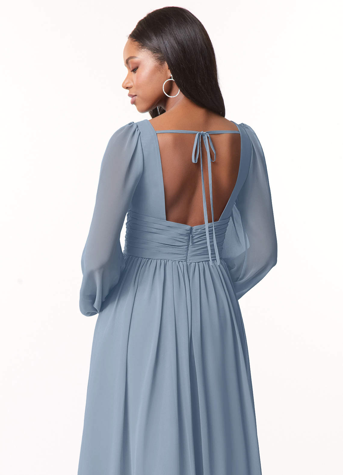 Azazie Norah Bridesmaid Dresses Dusty Blue A-Line V-Neck Long Sleeve Chiffon Dress image2