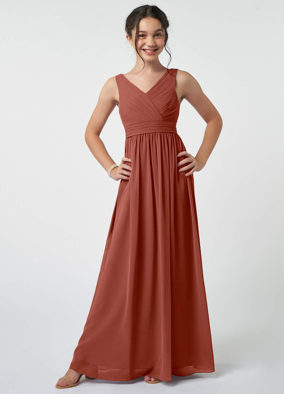 Azazie Kora Junior Auburn A-Line Pleated Chiffon Dress image1