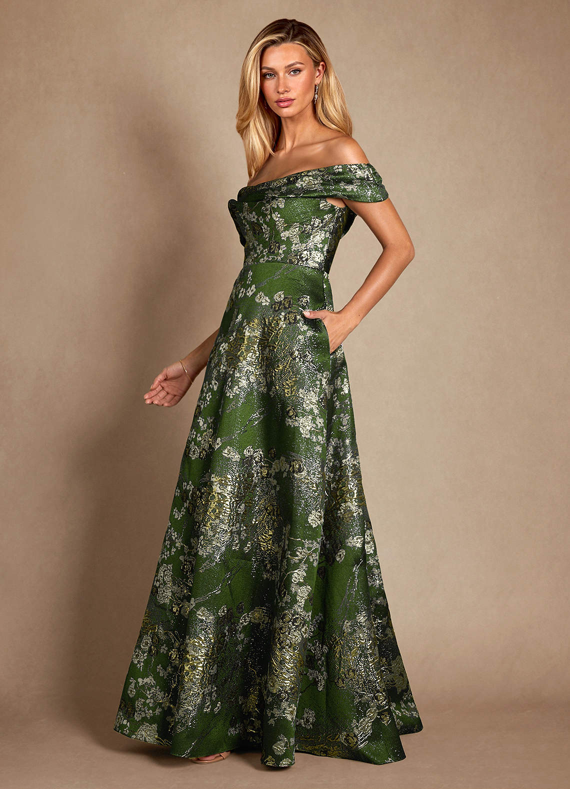 navy blue dress for baby girl Azazie Marceline Matcha Green A-Line Off the Shoulder Jacquard Dress