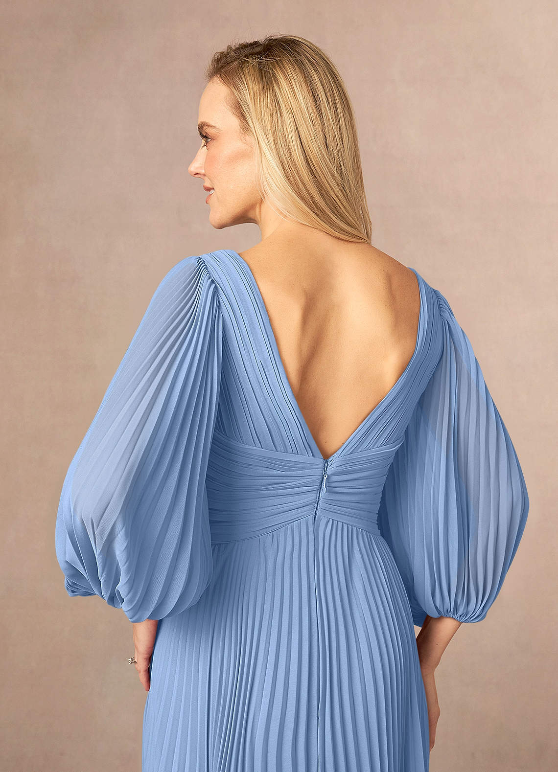 Steel Blue A-Line V-Neck Pleated Chiffon Dress