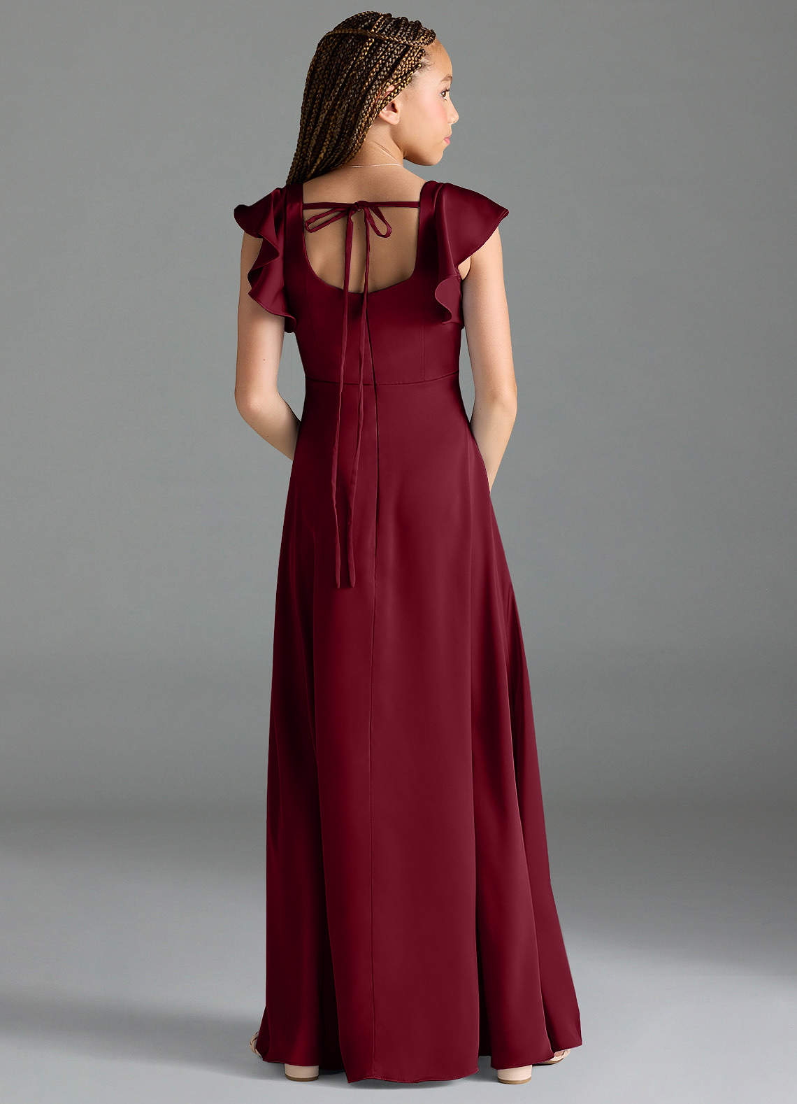 Azazie Bondi Junior Burgundy A-Line Side Slit Stretch Satin Dress image1