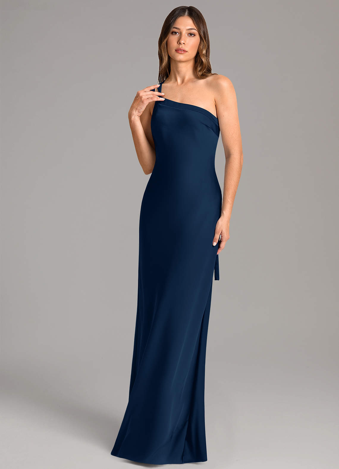 amazon navy blue bridesmaid dresses Beaded Navy Blue Satin Ruched Long Prom Dress – Ohmollydress main image 0