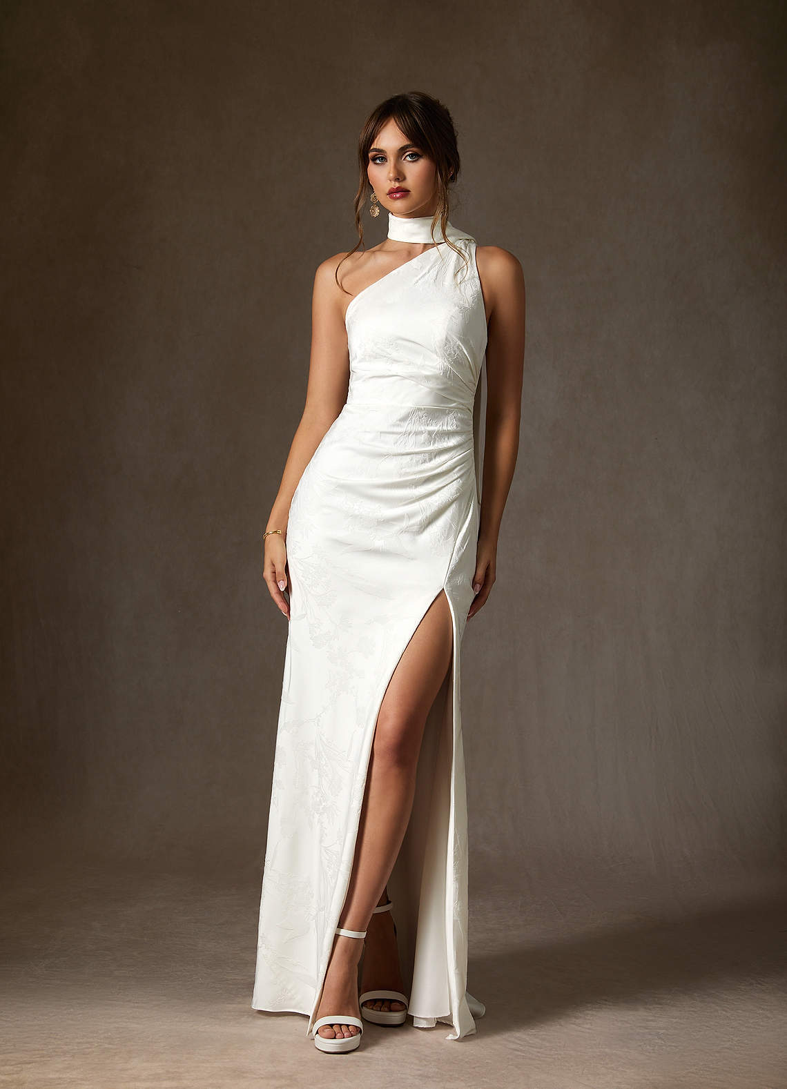 Azazie Misty Hochzeitskleider Etui One-Shoulder Blumen-Jacquard Kleid Diamantweiß image4