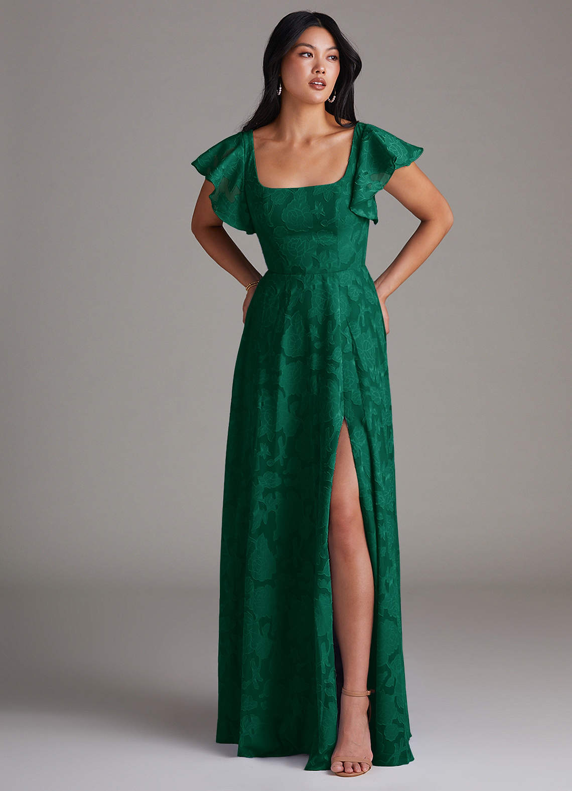 Azazie Bondi Bridesmaid Dresses Emerald A-Line Side Slit Floral Burnout Dress image3