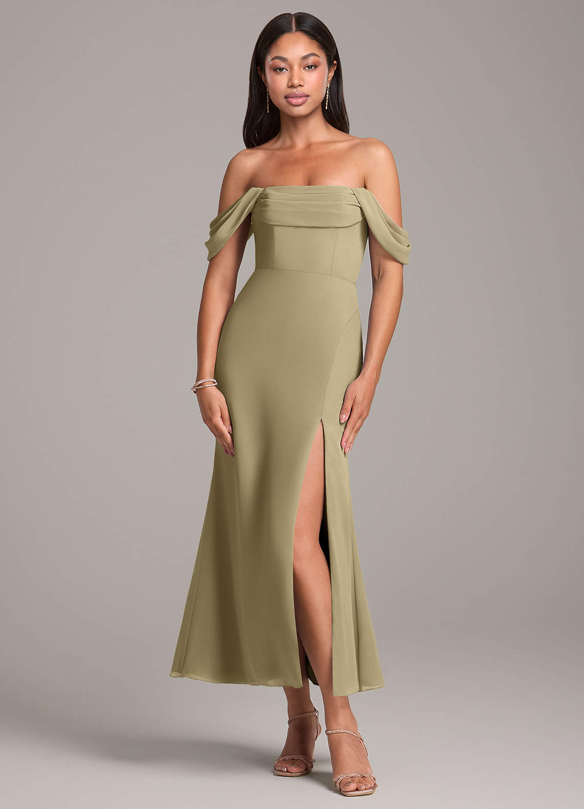Azazie Saige Bridesmaid Dresses Moss Green Sheath Off the Shoulder Chiffon Convertible Dress image1