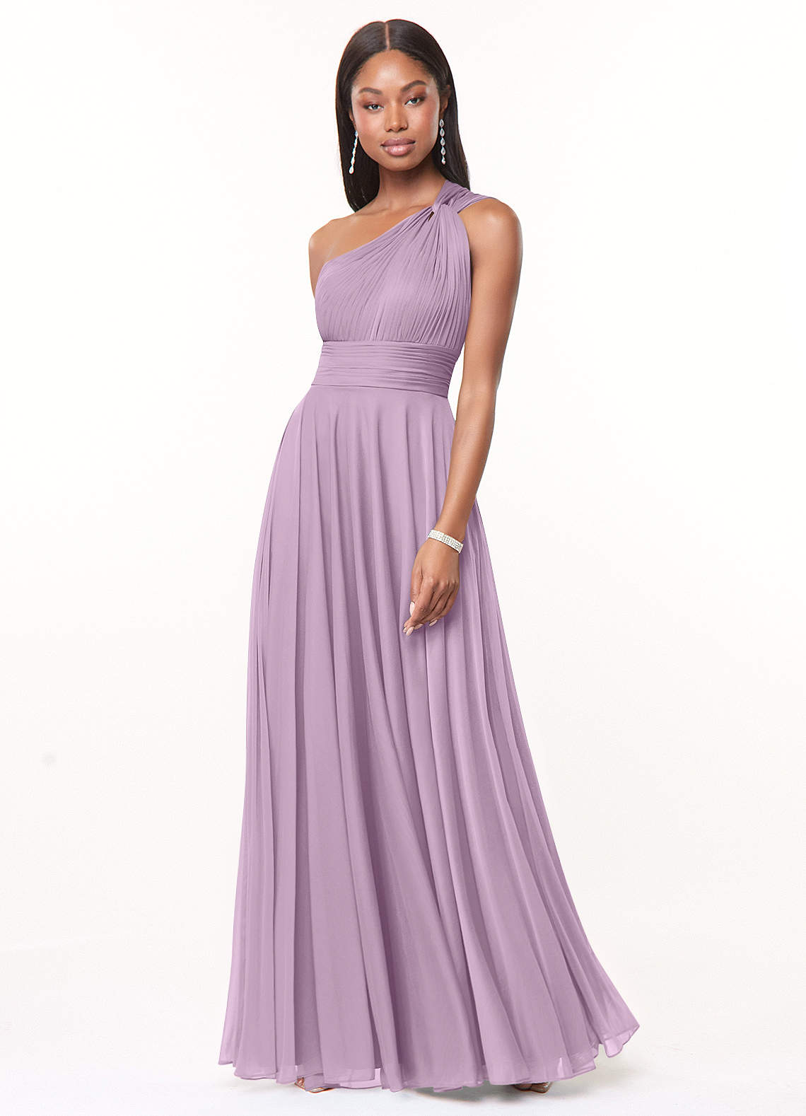 Azazie Charlize Bridesmaid Dresses Wisteria A-Line One Shoulder Mesh Dress image1