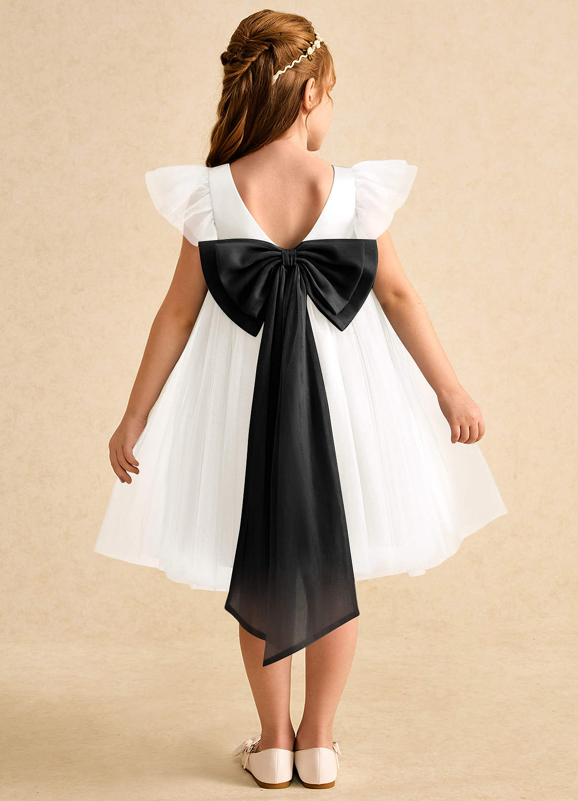 Azazie Munchkin Flower Girl Dresses Ivory Black A-Line Bow Tulle Dress image1