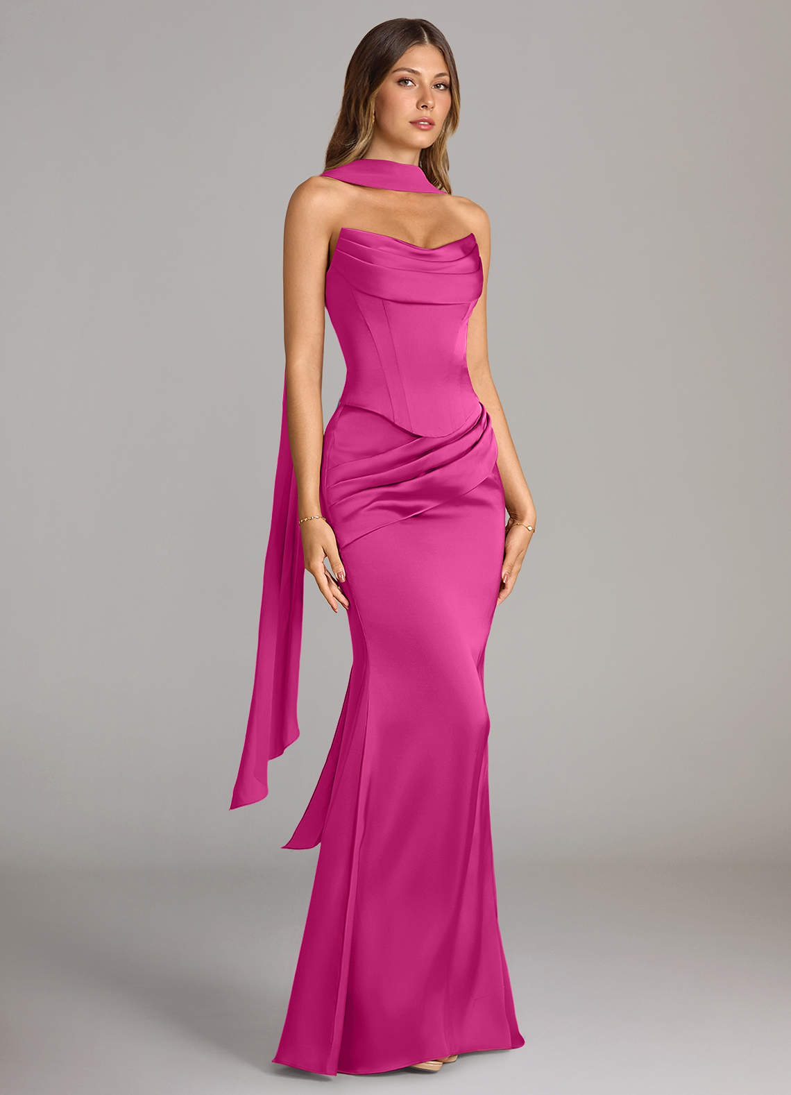 Azazie Sorrel Vestidos de damas de honor Vestido de Fucsia de Satén Elástico de Corte Sirena Convertible con Sin tirantes image2
