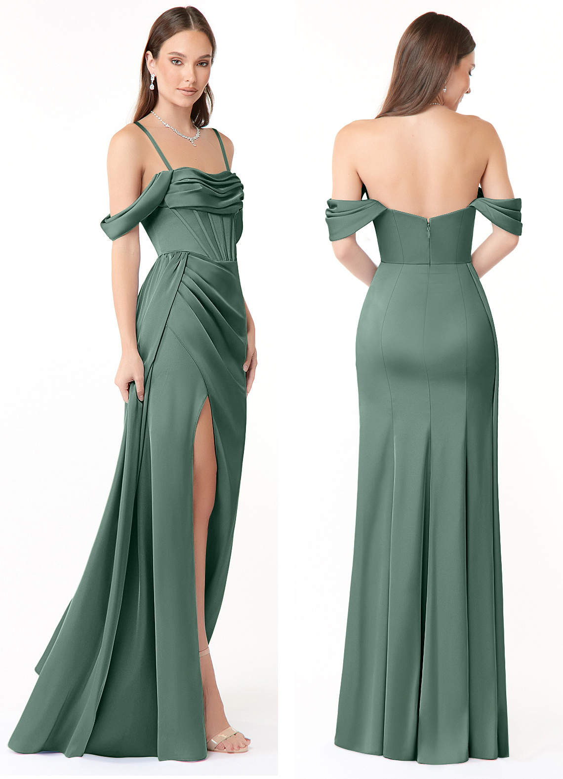 Azazie Amyra Bridesmaid Dresses Eucalyptus Mermaid Off the Shoulder Stretch Satin Convertible Dress image8