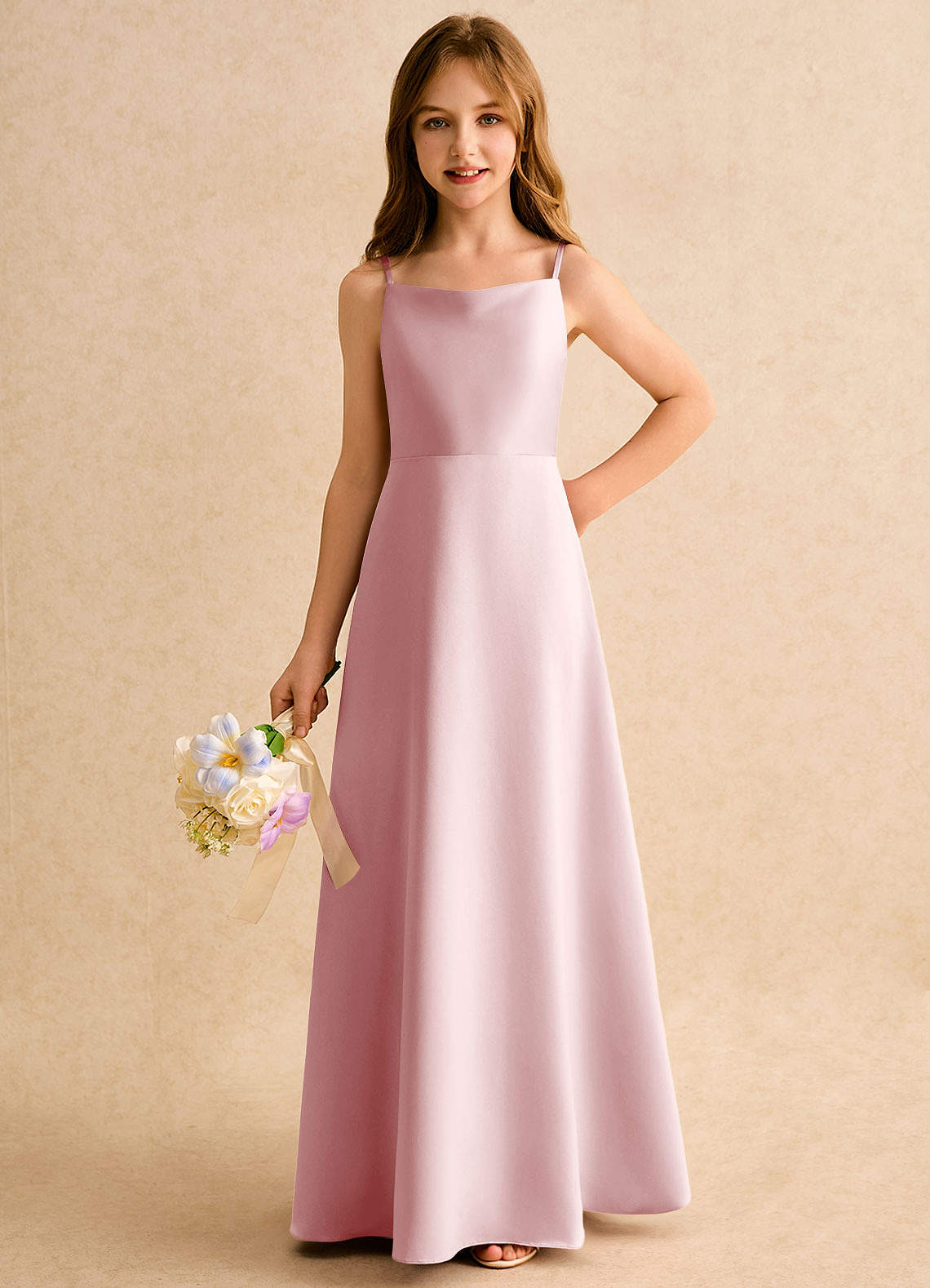 Azazie Joella Girls Formal Flower Girl Dresses Powder Pink A-Line Pleated Matte Satin Dress image5