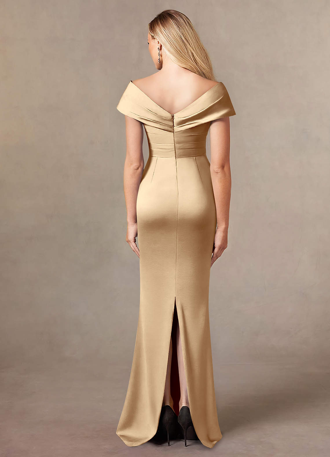 Azazie Ludlow Mother of the Bride Dresses Champagne Mermaid Pleated Stretch Satin Dress image3