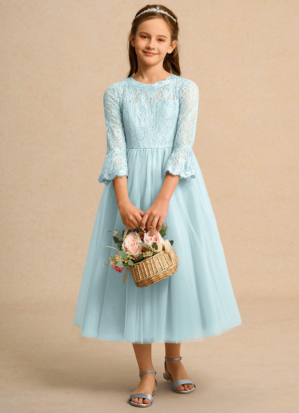 Azazie Ball-Gown Scoop Neck Tea-Length Tulle Flower Girl Dresses - Mist