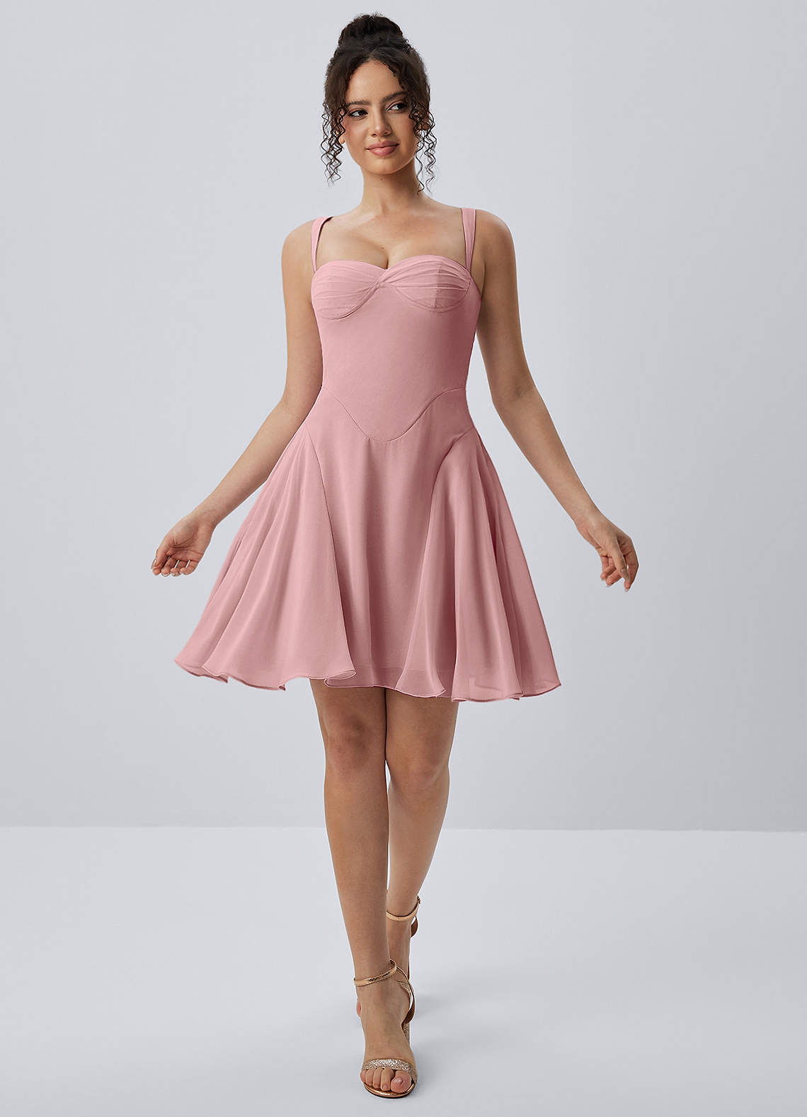 Isadora Light Pink Spaghetti Strap Chiffon Lace-Up Skater Mini Dress