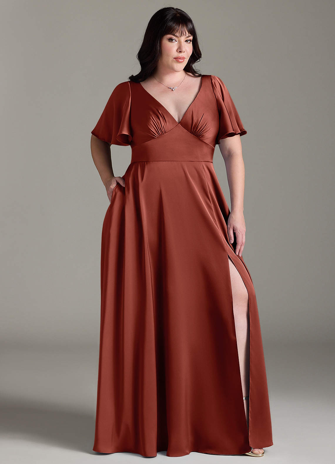 Azazie Kimber Robes de demoiselle d'honneur Robe Trapèze en Satin extensible Rayé Terracotta image8