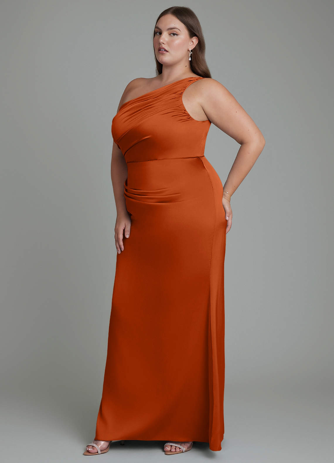 Azazie Akilah Bridesmaid Dresses Burnt Orange Mermaid One Shoulder Stretch Satin Dress image10