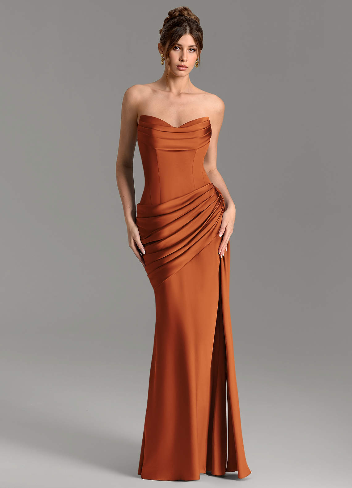 Azazie Zorah Cinnamon Stretch Satin Bridesmaid Dresses | Azazie