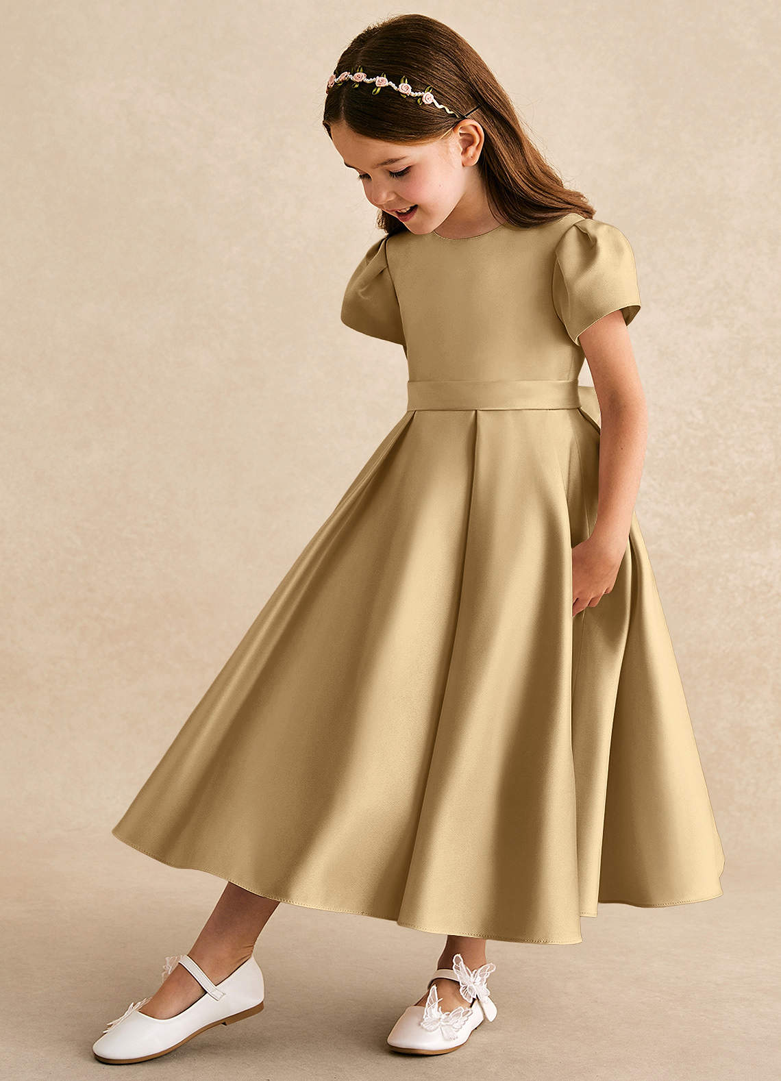 Azazie Princess Flower Girl Dresses Gold A-Line Pleated Matte Satin Dress image1