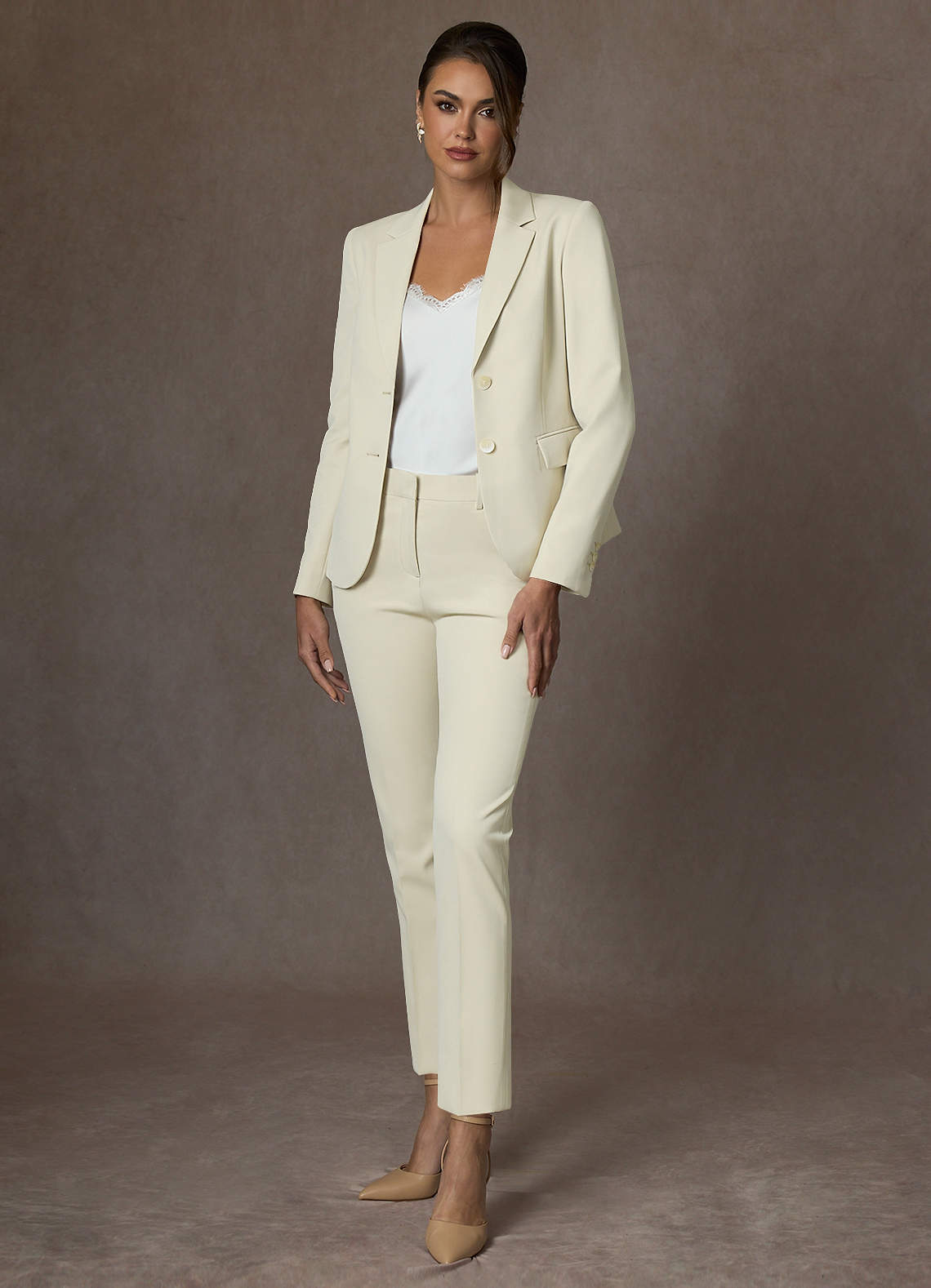 front Victoria Ivory Refined Weave Full Length Pants Suit
