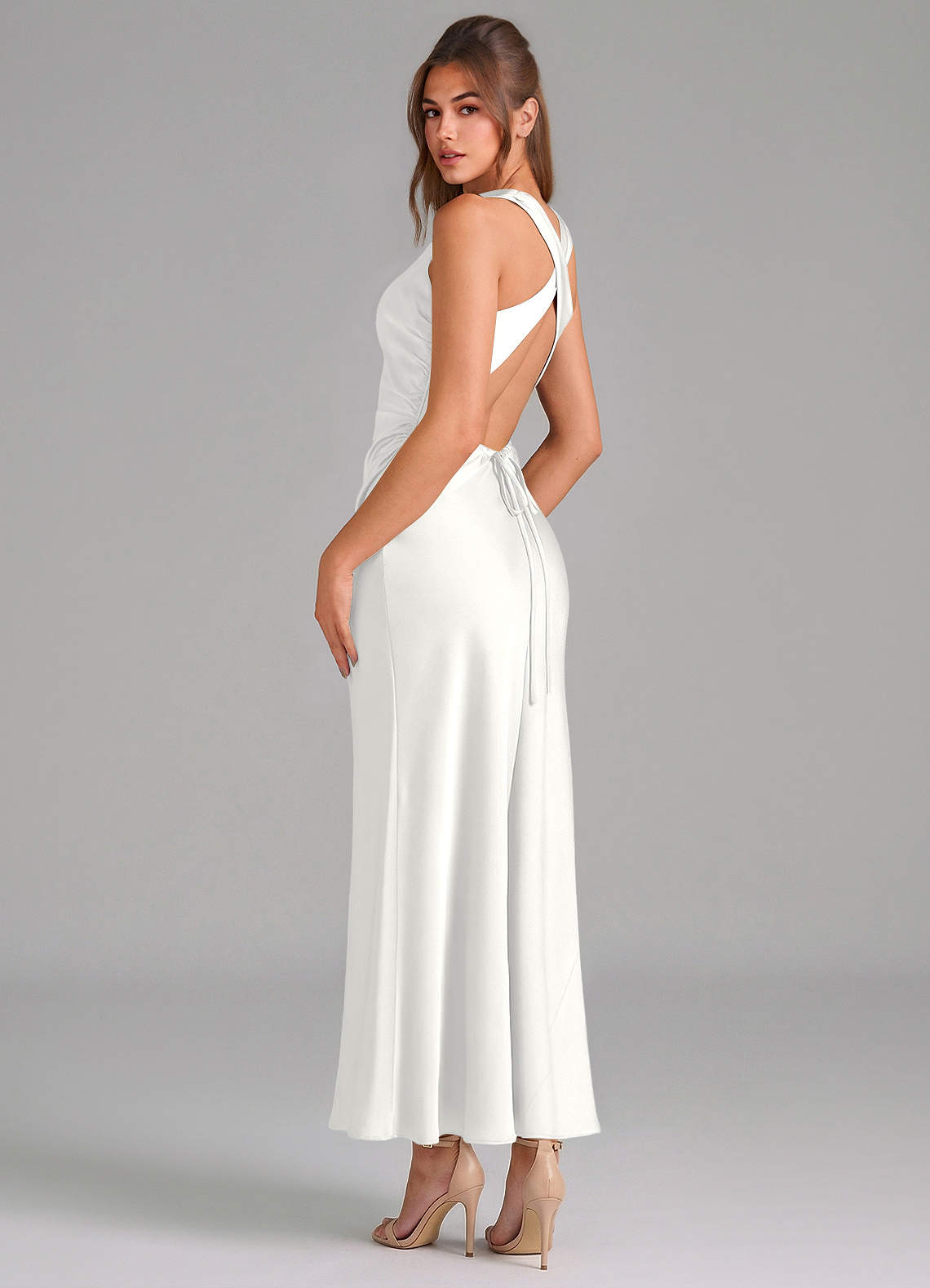 Azazie Evadne Bridesmaid Dresses White Sheath Pleated Stretch Satin Dress image1
