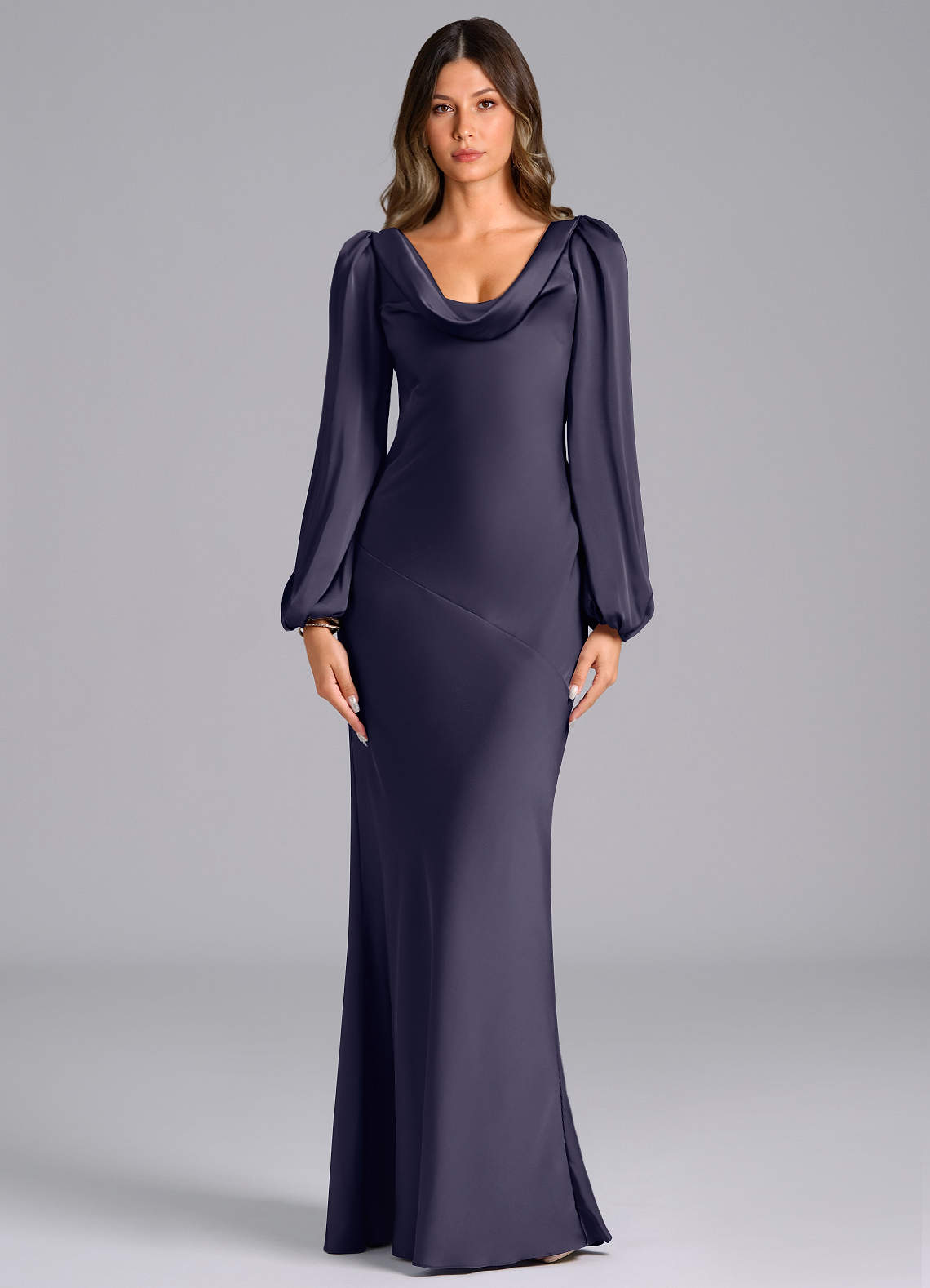 Azazie Rylina Bridesmaid Dresses Stormy Mermaid Long Sleeve Stretch Satin Dress image1
