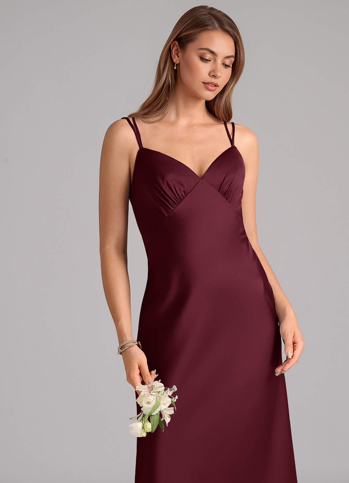 Azazie Suttona Vestidos de damas de honor Vestido de Cabernet de Satén Elástico de Corte en A con Plisado image6