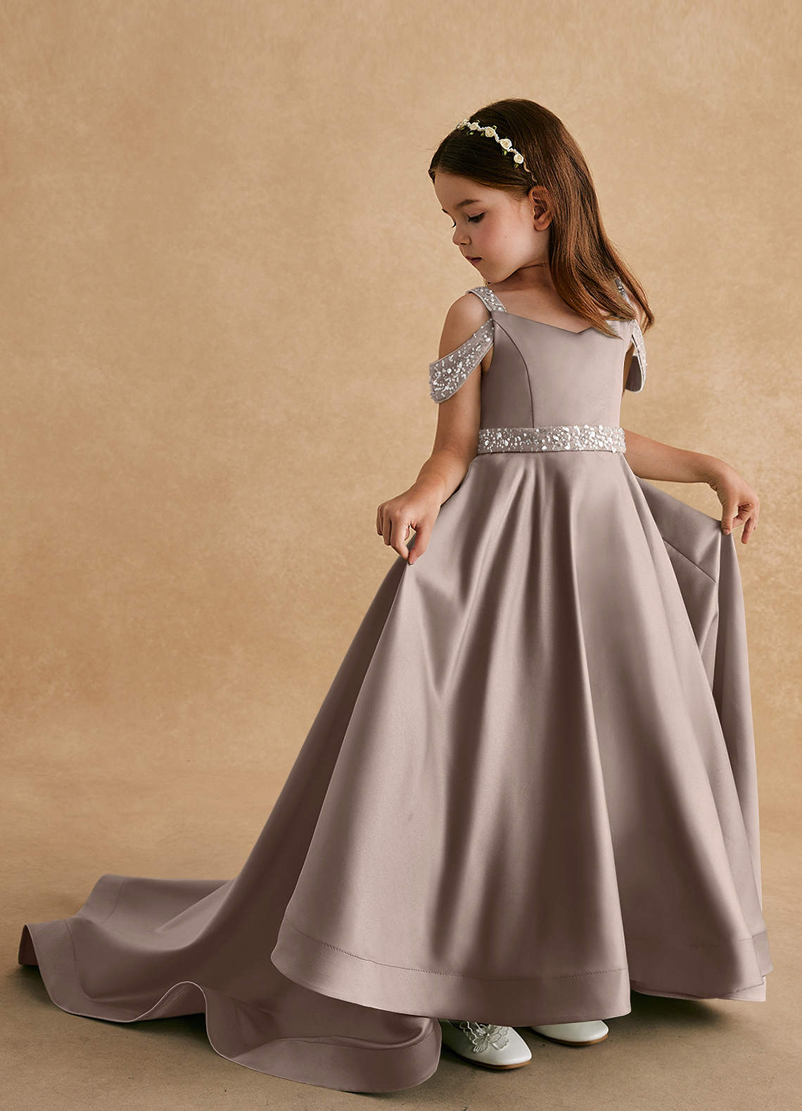 Azazie Jodi vestidos de niña de las flores Vestido de Gris Pardo de Satin Mate de Corte En A image1