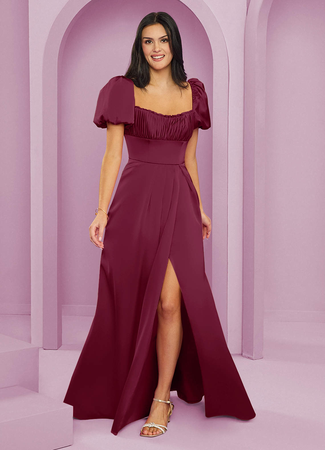 Barbie ♥ Azazie Bridesmaid Dresses Mulberry A-Line Ruched Stretch Satin Dress image1