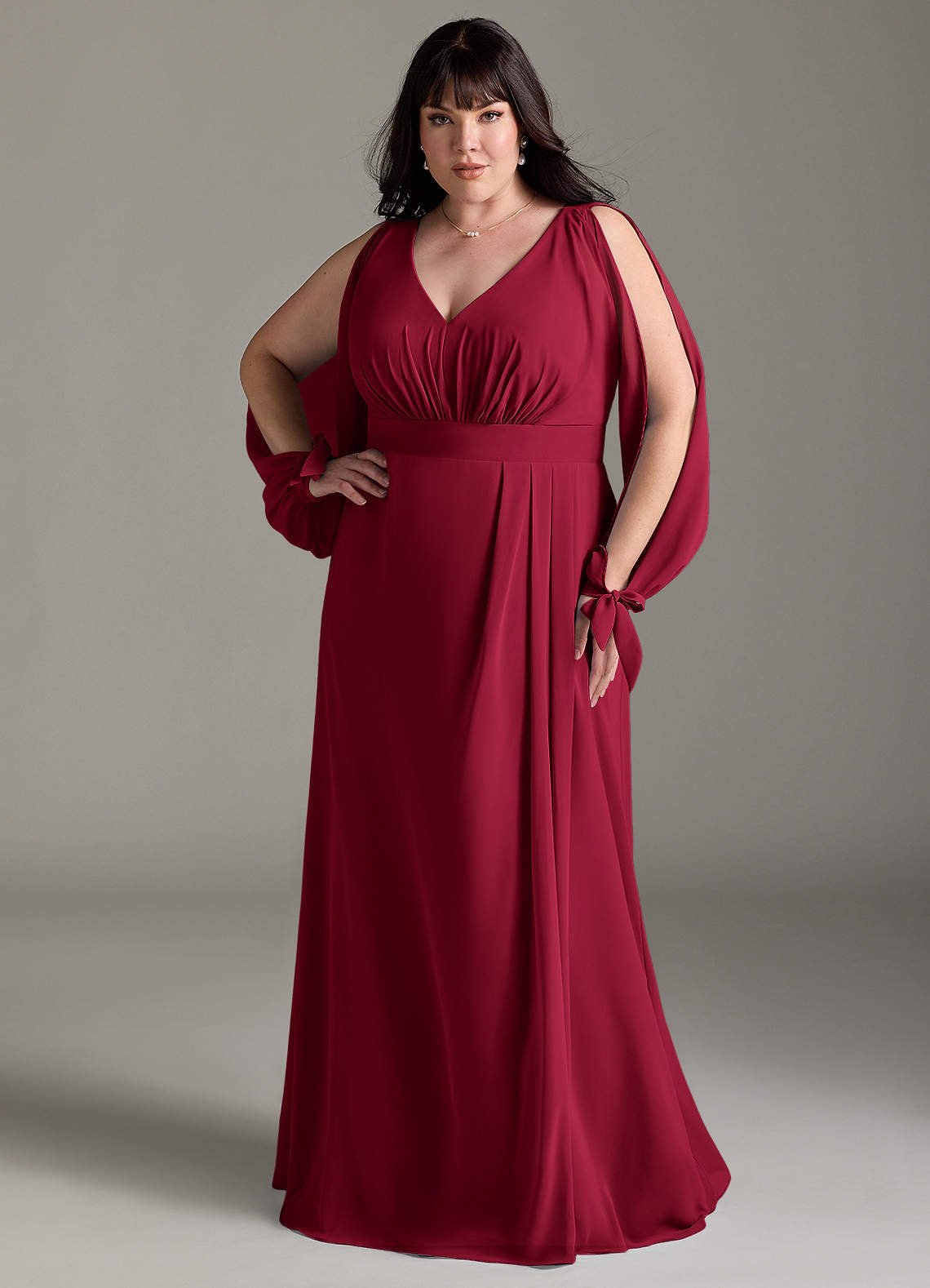 Azazie Matilda Bridesmaid Dresses Burgundy A-Line Long Sleeve Chiffon Dress image1