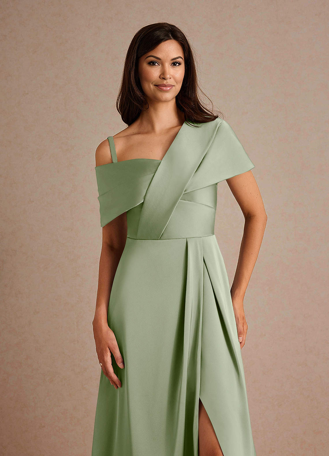 Azazie Milton Mother of the Bride Dresses Dusty Sage A-Line Pleated Stretch Satin Dress image2