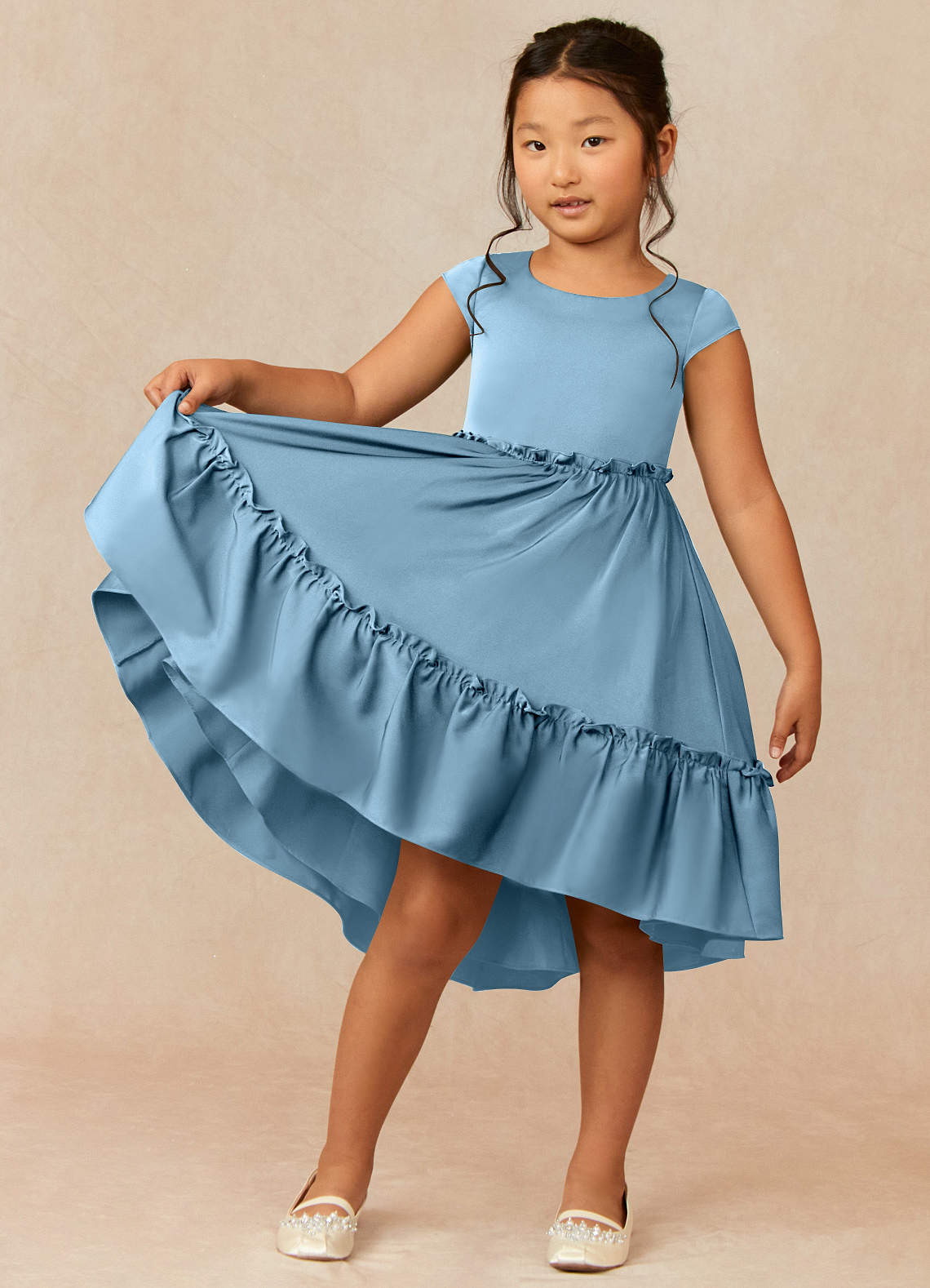 Azazie Lee vestidos de niña de las flores Vestido de Azul Acero de Satén Elástico de Corte En A con Lazo image1