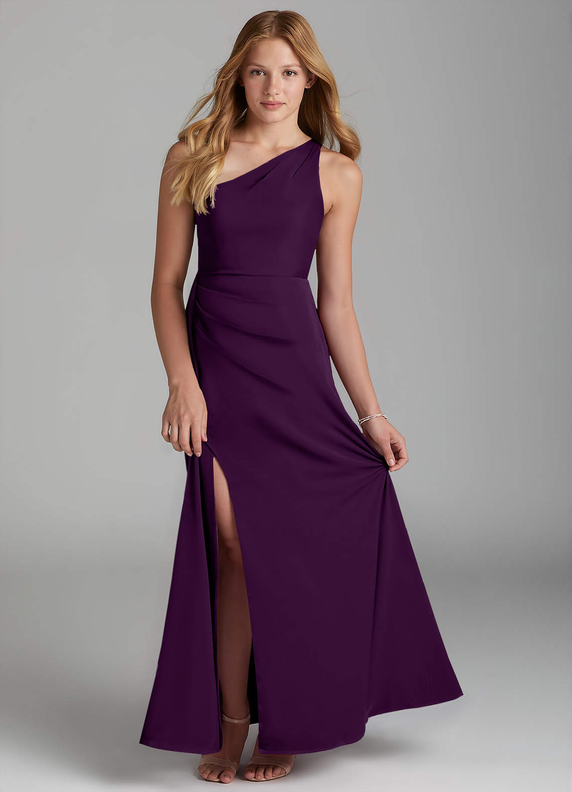 Azazie Maron Junior Grape A-Line Pleated Stretch Satin Dress image1