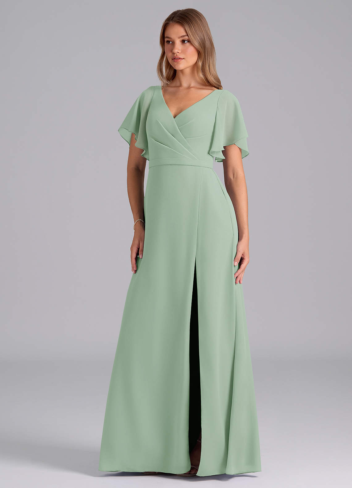 Azazie Ambrosia Bridesmaid Dresses Agave A-Line Pleated Chiffon Dress image1