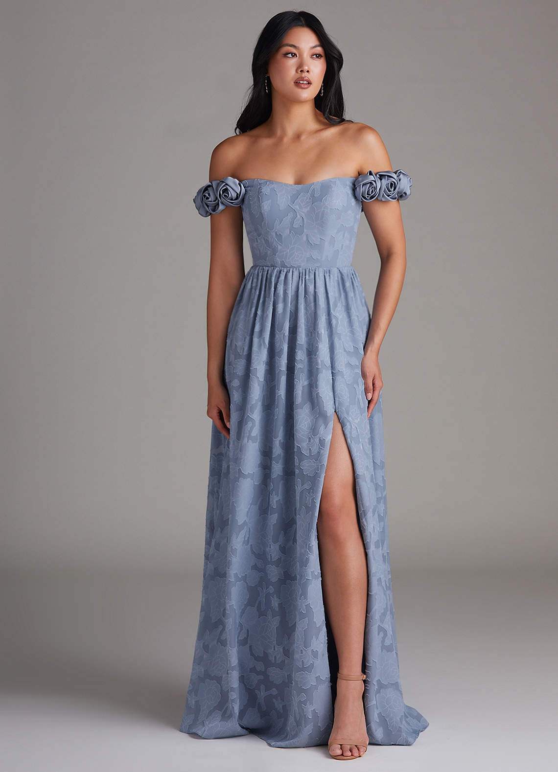 Azazie Autumn At-home Try On Dresses Dusty Blue A-Line Off the Shoulder Floral Burnout Convertible Dress image4