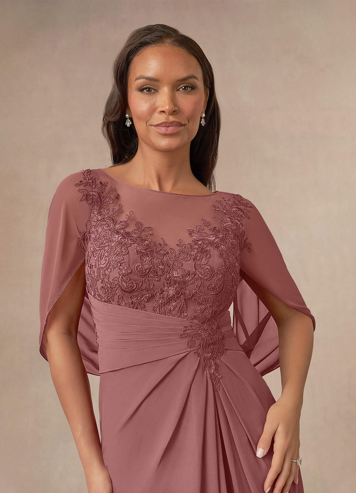 Azazie Hera Mother of the Bride Dresses Desert Rose A-Line Lace Capelet Chiffon Dress image11