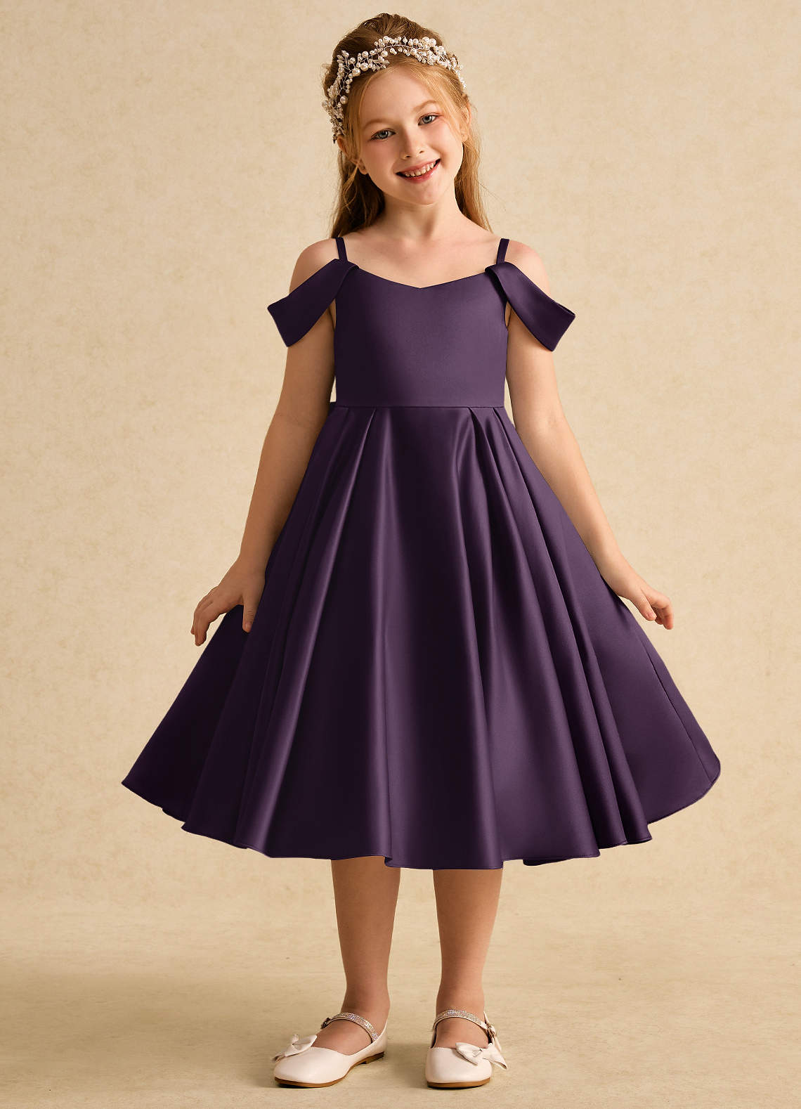 Azazie Favia 플라워 걸 드레스 A라인 오프 더 숄더 매트 새틴 티 길이 드레스 image1