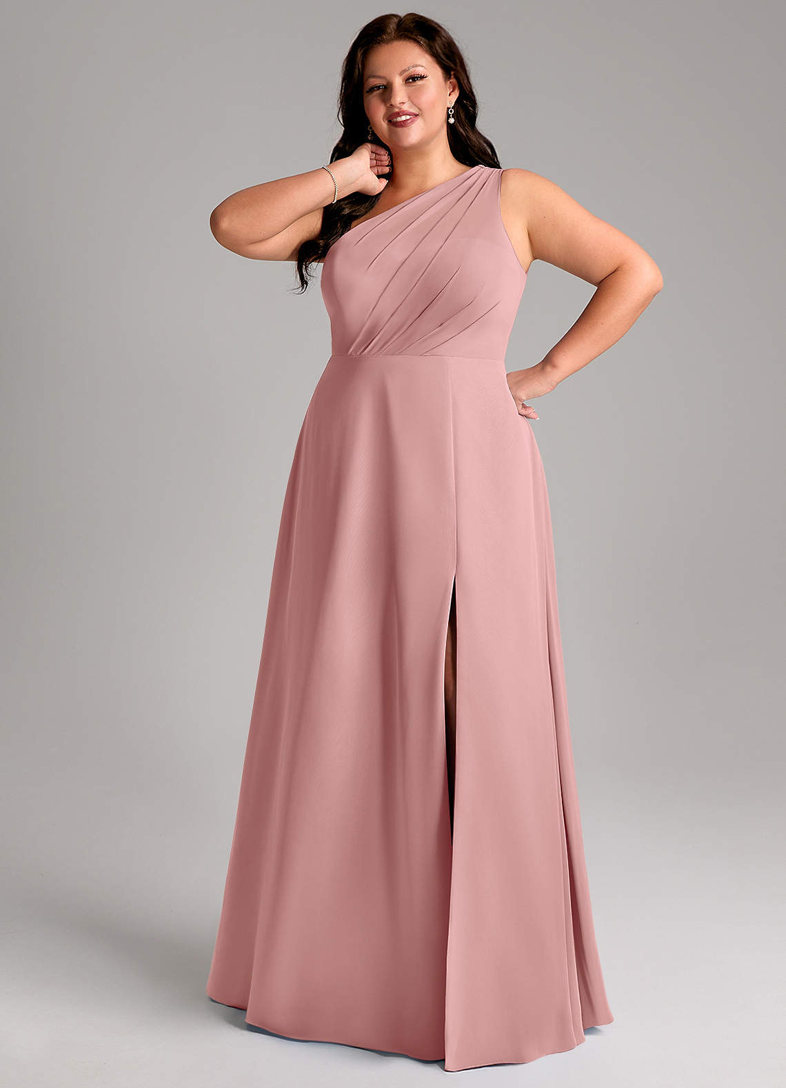 Azazie Phaedra Bridesmaid Dresses Dusty Rose A-Line One Shoulder Chiffon Dress image14