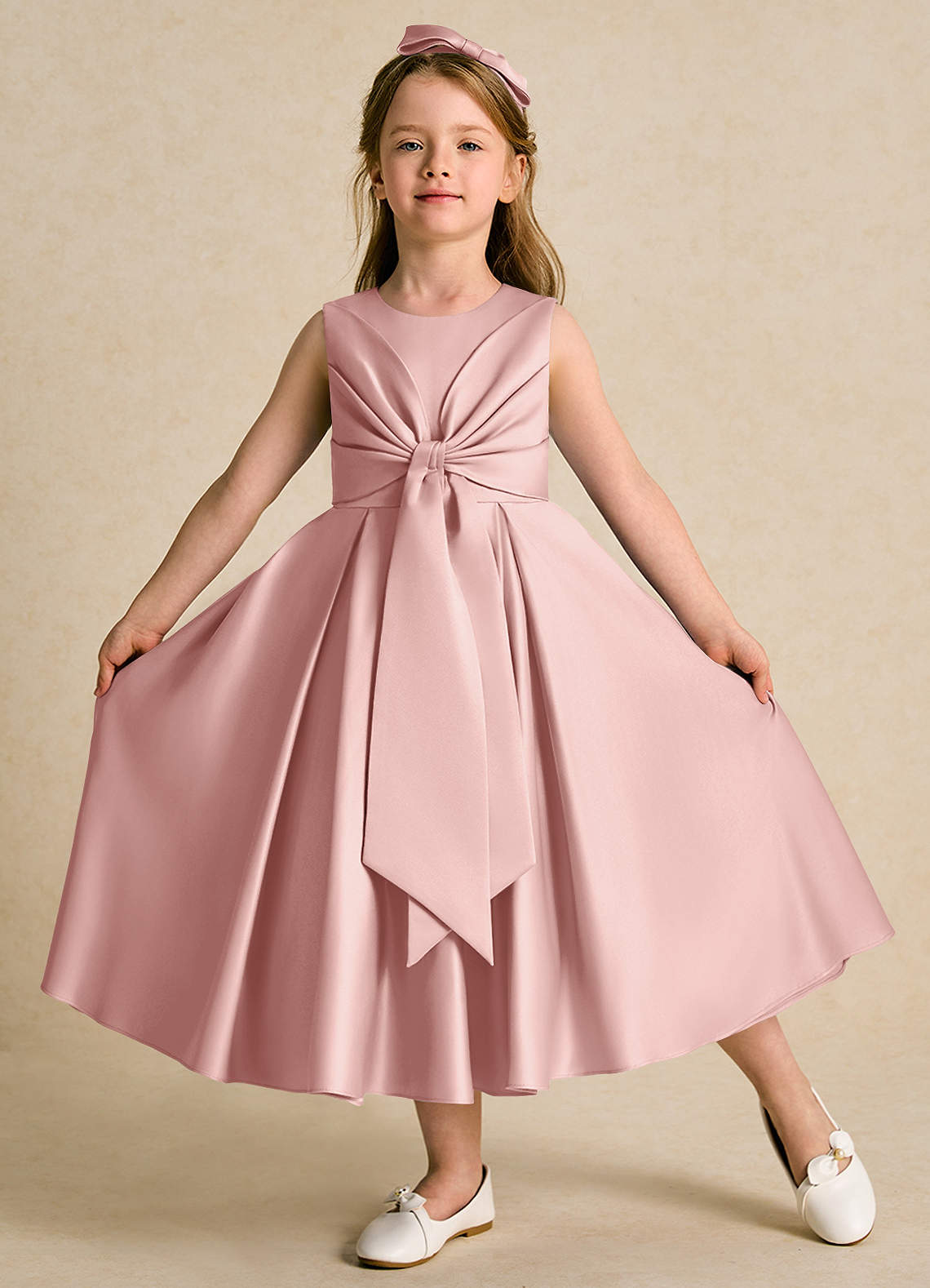 Azazie Lady vestidos de niña de las flores Vestido de Oro Rosa de Satin Mate de Corte En A con Plisado image1