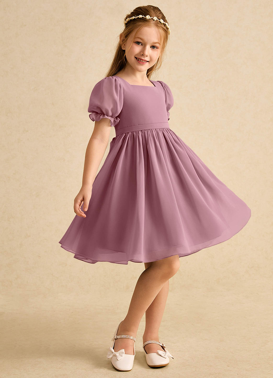Azazie Jolie Flower Girl Dresses Vintage Mauve A-Line with Sleeves Chiffon Dress image1